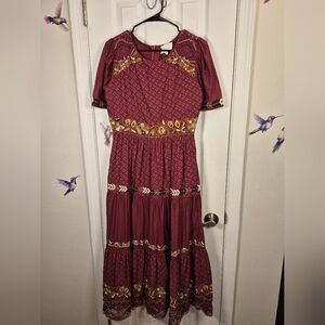 Bohme Boho Embroidered Cotton Midi Dress | Lace Detail | Size S